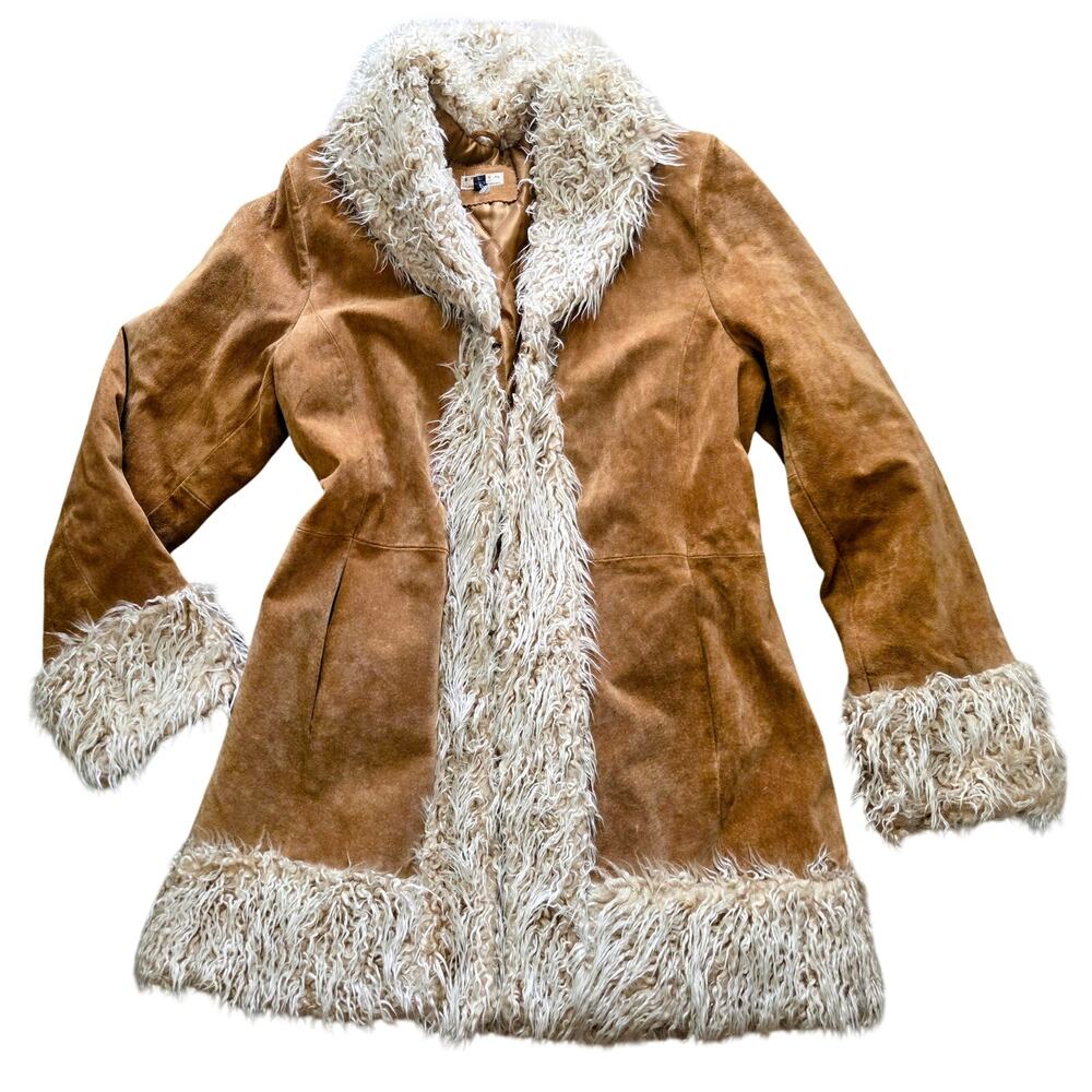 Vintage 90s Y2K Giacca Tan SUEDE Leather Penny Lane Faux Fur Trim Women Large